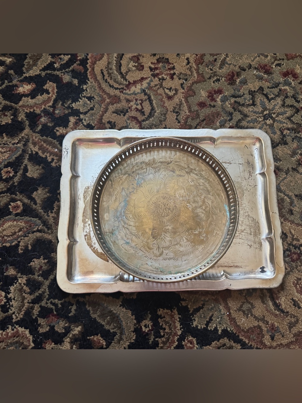 Vintage Silver-Tone Serving Tray with Etched Deep Round Tray ( unpolished)